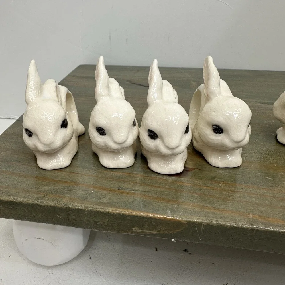 Set Of 6 Ceramic White Bunny Rabbit Napkin Ring Holders Handmade Easter Bunnies